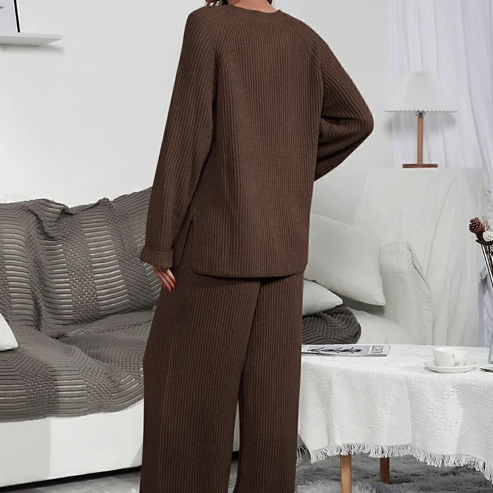 Brown Casual Womens Raglan Sleeve Sweater & Knit Wide Leg Pants